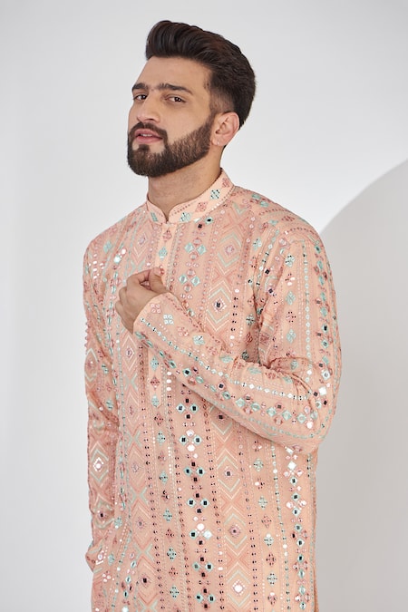 Kasbah_Peach Georgette, Cotton Sequins, Mirrors Geometric Embroidered Kurta Set _Online_at_Aza_Fashions