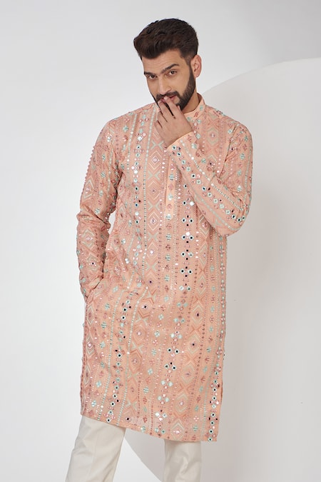 Buy_Kasbah_Peach Georgette, Cotton Sequins, Mirrors Geometric Embroidered Kurta Set _Online_at_Aza_Fashions