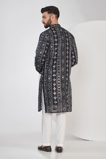 Shop Kasbah Black Georgette, Cotton Mirrors, Foil Printing, Embroidery Straight Kurta Set at Aza Fashions Shop_Kasbah_Black Georgette, Cotton Mirrors, Foil Printing, Embroidery Straight Kurta Set _at_Aza_Fashions