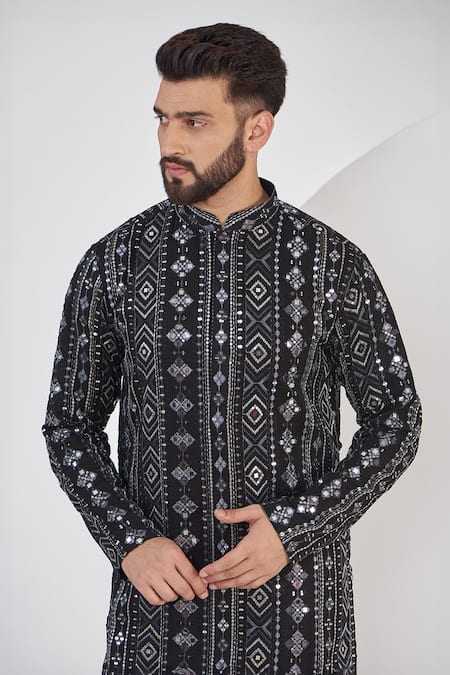 Kasbah Black Georgette, Cotton Mirrors, Foil Printing, Embroidery Straight Kurta Set Online at Aza Fashions Kasbah_Black Georgette, Cotton Mirrors, Foil Printing, Embroidery Straight Kurta Set _Online_at_Aza_Fashions