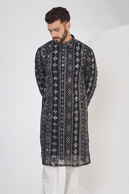 Buy Kasbah Black Georgette, Cotton Mirrors, Foil Printing, Embroidery Straight Kurta Set Online at Aza Fashions Buy_Kasbah_Black Georgette, Cotton Mirrors, Foil Printing, Embroidery Straight Kurta Set _Online_at_Aza_Fashions