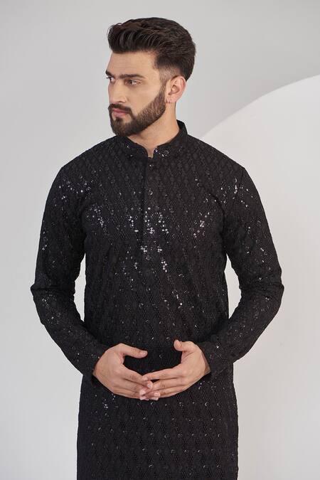 Kasbah_Black Georgette, Cotton Embroidery, Sequins Chikankari Work Kurta Set _Online_at_Aza_Fashions
