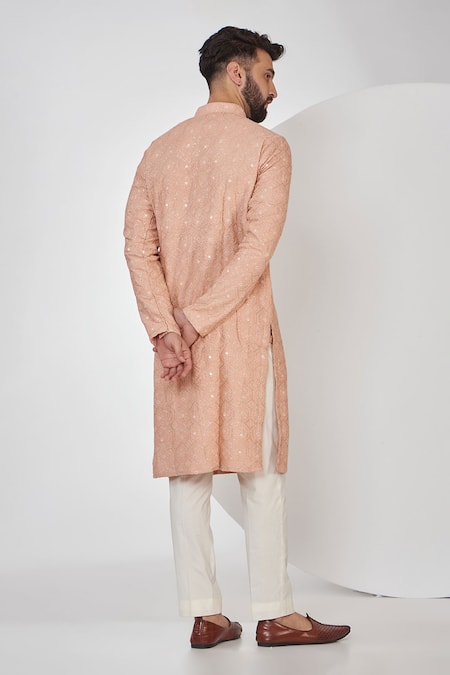 Shop_Kasbah_Pink Georgette, Cotton Embroidery, Sequins Chikankari Work Straight Kurta Set _at_Aza_Fashions
