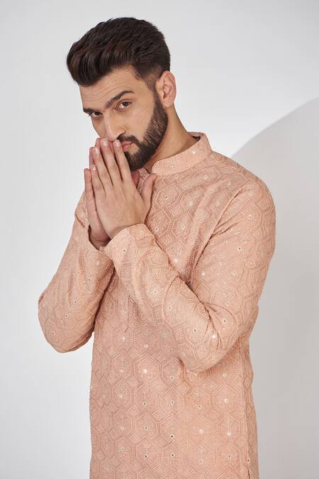 Kasbah_Pink Georgette, Cotton Embroidery, Sequins Chikankari Work Straight Kurta Set _Online_at_Aza_Fashions