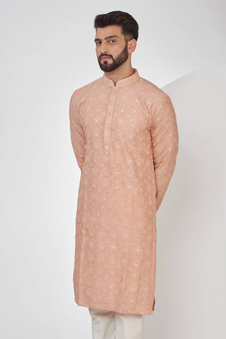 Buy_Kasbah_Pink Georgette, Cotton Embroidery, Sequins Chikankari Work Straight Kurta Set _Online_at_Aza_Fashions