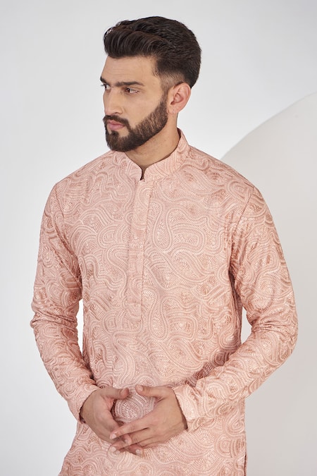 Kasbah_Pink Silk, Cotton Embroidery Chikankari Kurta Set _Online_at_Aza_Fashions