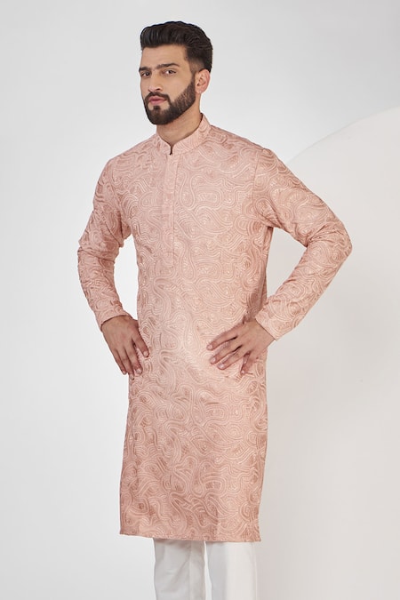 Buy_Kasbah_Pink Silk, Cotton Embroidery Chikankari Kurta Set _Online_at_Aza_Fashions