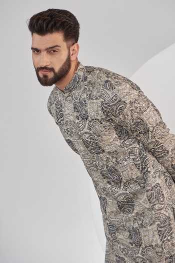 Kasbah_Grey Georgette, Cotton Sequins, Embroidery Paisley Print Straight Kurta Set _Online_at_Aza_Fashions