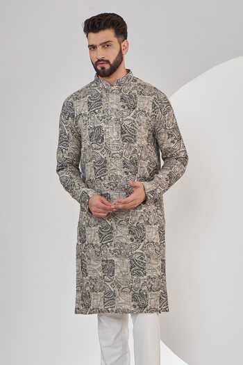 Buy_Kasbah_Grey Georgette, Cotton Sequins, Embroidery Paisley Print Straight Kurta Set _Online_at_Aza_Fashions