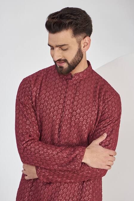 Kasbah_Maroon Silk Sequins Chikankari Work Kurta Set _Online_at_Aza_Fashions