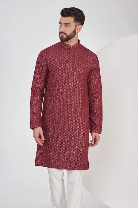 Buy_Kasbah_Maroon Silk Sequins Chikankari Work Kurta Set _Online_at_Aza_Fashions