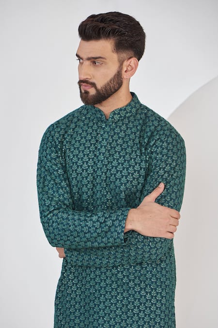 Kasbah_Blue Silk Embroidery, Sequins Chikankari Kurta Set _Online_at_Aza_Fashions