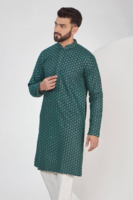 Buy_Kasbah_Blue Silk Embroidery, Sequins Chikankari Kurta Set _Online_at_Aza_Fashions