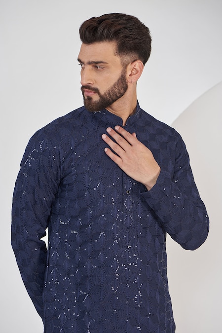Kasbah_Blue Georgette Embroidery, Sequins Geometric Kurta _Online_at_Aza_Fashions