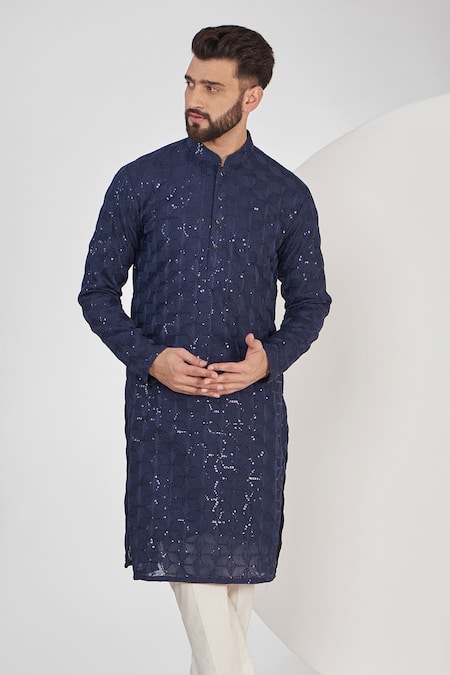 Buy_Kasbah_Blue Georgette Embroidery, Sequins Geometric Kurta _Online_at_Aza_Fashions