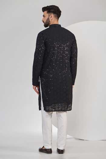 Shop Kasbah Black Georgette, Cotton Sequins, Embroidery Tonal Straight Kurta Set at Aza Fashions Shop_Kasbah_Black Georgette, Cotton Sequins, Embroidery Tonal Straight Kurta Set _at_Aza_Fashions