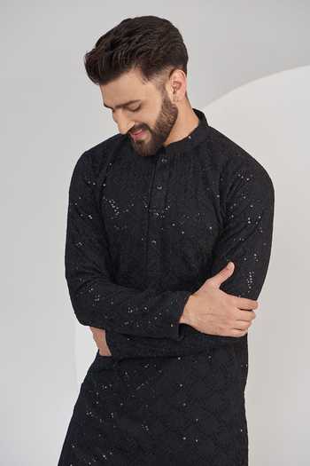 Kasbah Black Georgette, Cotton Sequins, Embroidery Tonal Straight Kurta Set Online at Aza Fashions Kasbah_Black Georgette, Cotton Sequins, Embroidery Tonal Straight Kurta Set _Online_at_Aza_Fashions