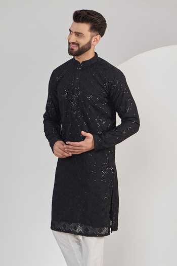 Buy Kasbah Black Georgette, Cotton Sequins, Embroidery Tonal Straight Kurta Set Online at Aza Fashions Buy_Kasbah_Black Georgette, Cotton Sequins, Embroidery Tonal Straight Kurta Set _Online_at_Aza_Fashions
