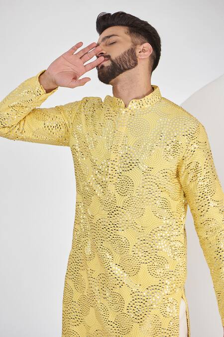 Kasbah_Yellow Silk Sequins Abstract Work Kurta Set _Online_at_Aza_Fashions
