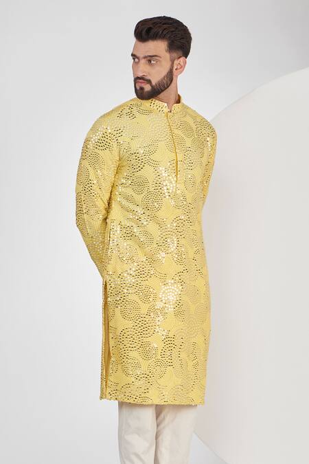 Buy_Kasbah_Yellow Silk Sequins Abstract Work Kurta Set _Online_at_Aza_Fashions