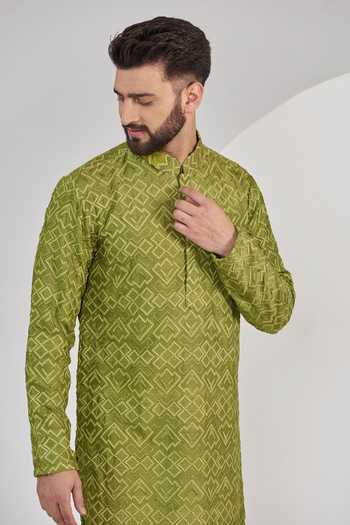 Kasbah_Green Silk Embroidery Geometric Chikankari Work Kurta Set _Online_at_Aza_Fashions