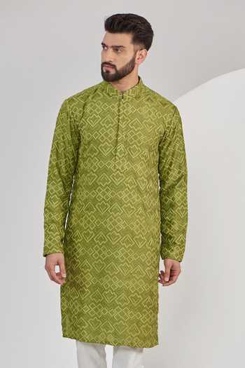 Buy_Kasbah_Green Silk Embroidery Geometric Chikankari Work Kurta Set _Online_at_Aza_Fashions