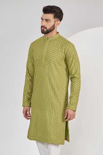 Kasbah_Green Silk Chains, Sequins Motif Embroidered Kurta Set _Online_at_Aza_Fashions