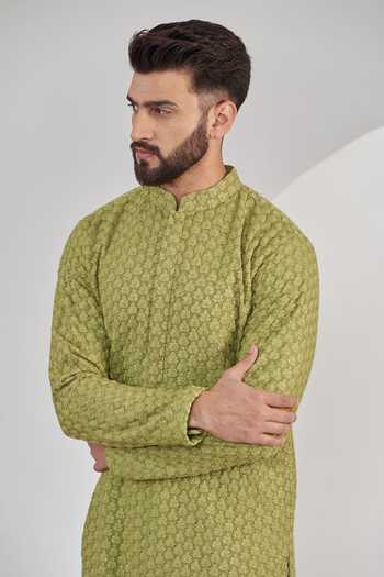 Buy_Kasbah_Green Silk Chains, Sequins Motif Embroidered Kurta Set _Online_at_Aza_Fashions