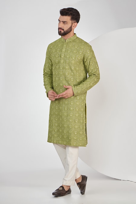 Kasbah Green Silk Embroidery Chikankari Floral Work Kurta