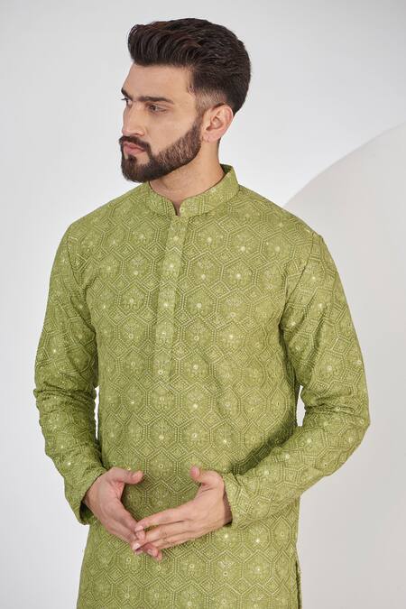Kasbah_Green Silk Embroidery, Sequins Floral Chikankari Work Kurta Set _Online_at_Aza_Fashions