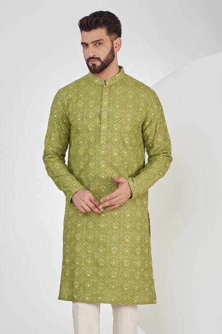 Buy_Kasbah_Green Silk Embroidery, Sequins Floral Chikankari Work Kurta Set _Online_at_Aza_Fashions