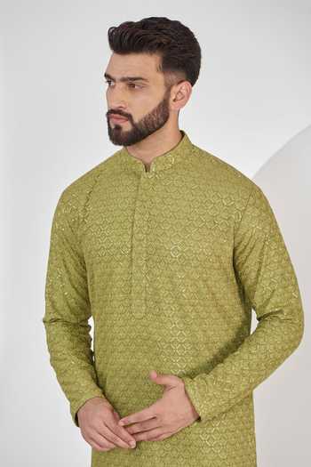 Kasbah_Green Silk Chains, Embroidery Diamond Chikankari Work Kurta Set _Online_at_Aza_Fashions