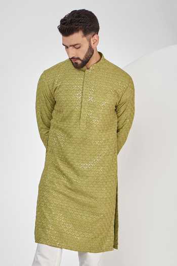 Buy_Kasbah_Green Silk Chains, Embroidery Diamond Chikankari Work Kurta Set _Online_at_Aza_Fashions