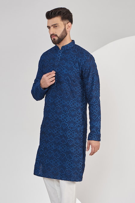 Buy_Kasbah_Blue Georgette Embroidery Geometric Thread Kurta _Online_at_Aza_Fashions