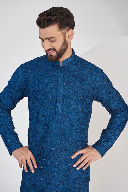Kasbah_Blue Silk Chains, Sequins Swirl Chikankari Work Kurta _Online_at_Aza_Fashions