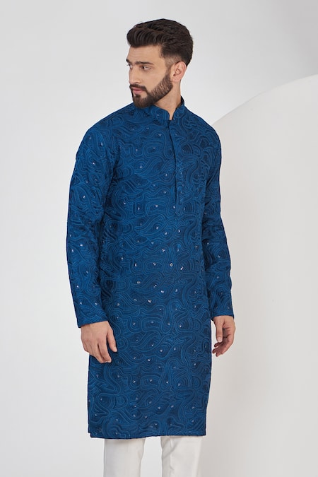 Buy_Kasbah_Blue Silk Chains, Sequins Swirl Chikankari Work Kurta _Online_at_Aza_Fashions
