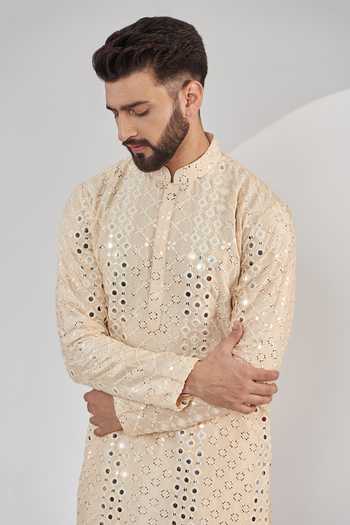 Kasbah_Beige Silk Mirrors, Embroidery Geometric Work Kurta _Online_at_Aza_Fashions