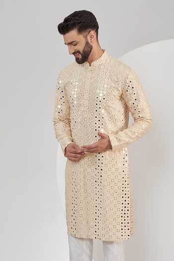 Buy_Kasbah_Beige Silk Mirrors, Embroidery Geometric Work Kurta _Online_at_Aza_Fashions