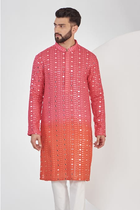 Buy_Kasbah_Pink Georgette Mirrors, Foil Printing Ombre Effect Work Kurta _Online_at_Aza_Fashions