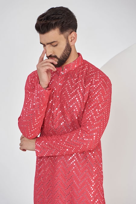 Kasbah_Pink Georgette, Cotton Embroidery Mirror And Thread Work Kurta Set _Online_at_Aza_Fashions