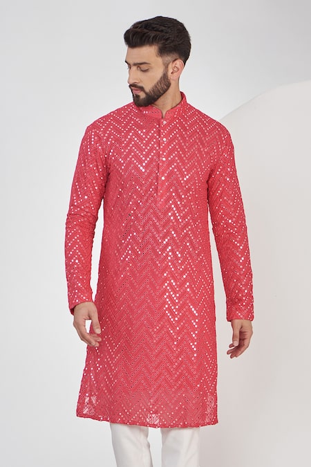 Buy_Kasbah_Pink Georgette, Cotton Embroidery Mirror And Thread Work Kurta Set _Online_at_Aza_Fashions