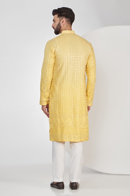 Shop_Kasbah_Yellow Georgette Embroidery, Sequins Ombre Chikankari Kurta _at_Aza_Fashions