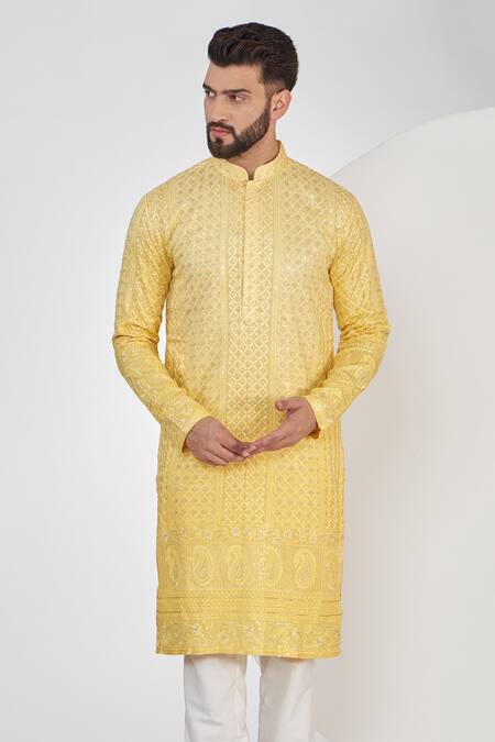 Buy_Kasbah_Yellow Georgette Embroidery, Sequins Ombre Chikankari Kurta _Online_at_Aza_Fashions