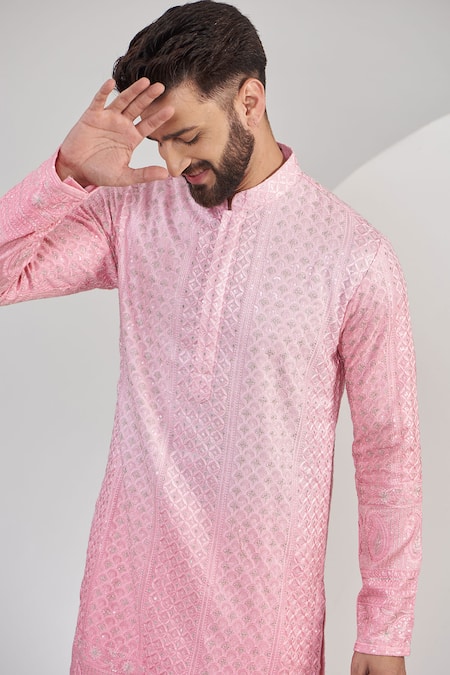 Kasbah_Pink Georgette, Cotton Embroidery, Sequins Ombre Chikankari Straight Kurta Set _Online_at_Aza_Fashions