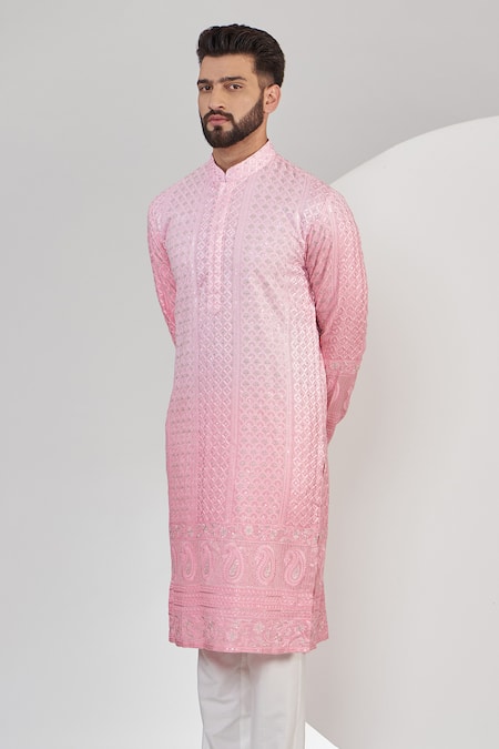 Buy_Kasbah_Pink Georgette, Cotton Embroidery, Sequins Ombre Chikankari Straight Kurta Set _Online_at_Aza_Fashions