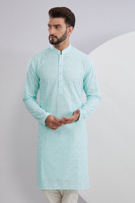 Kasbah_Blue Georgette, Cotton Embroidery Geometric Chikankari Kurta Set _Online_at_Aza_Fashions