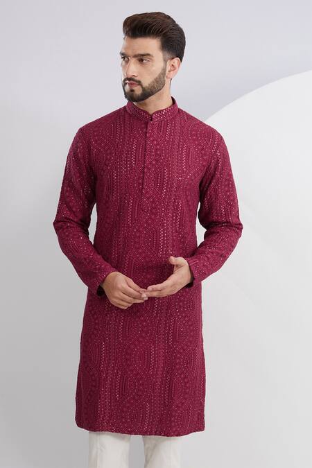 Kasbah_Maroon Silk Embroidery, Sequins Wave Kurta _Online_at_Aza_Fashions