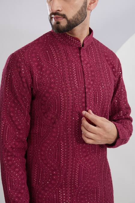 Buy_Kasbah_Maroon Silk Embroidery, Sequins Wave Kurta _Online_at_Aza_Fashions
