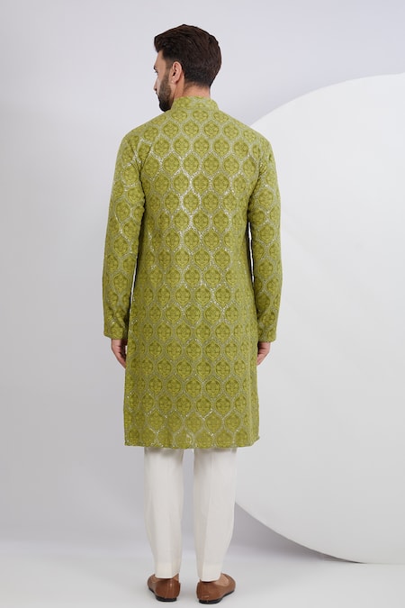 Shop_Kasbah_Green Silk Embroidery, Sequins Kurta_at_Aza_Fashions
