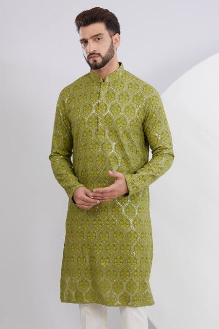 Kasbah_Green Silk Embroidery, Sequins Kurta_Online_at_Aza_Fashions